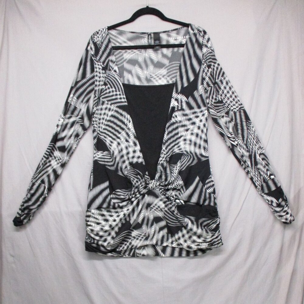 Bisou Bisou Long Sleeve Geo Print Bodycon Tunic Black & Gray Women Size | XL